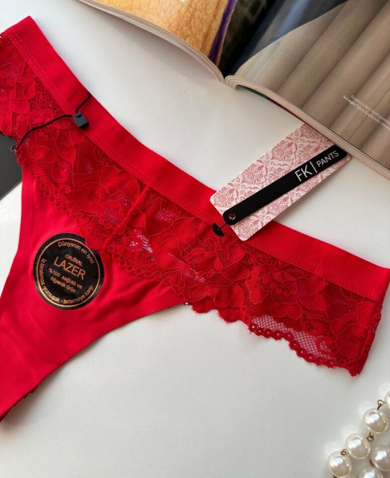 Orijinal Lazer Kesim Üstün Kalite Spandex Invisible Dikişsiz Dantelli Tanga - 2801 Kırmızı - M