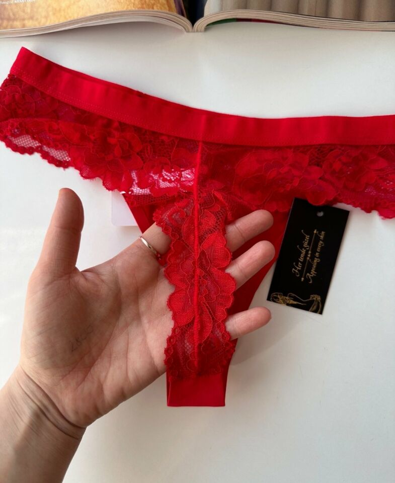 Orijinal Lazer Kesim Üstün Kalite Spandex Invisible Dikişsiz Dantelli Tanga - 2801 Kırmızı - M