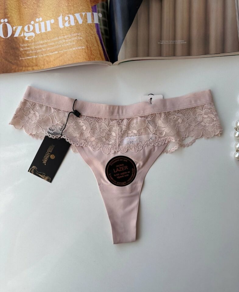 Orijinal Lazer Kesim Üstün Kalite Spandex Invisible Dikişsiz Dantelli Tanga - 2801 Pudra  - L