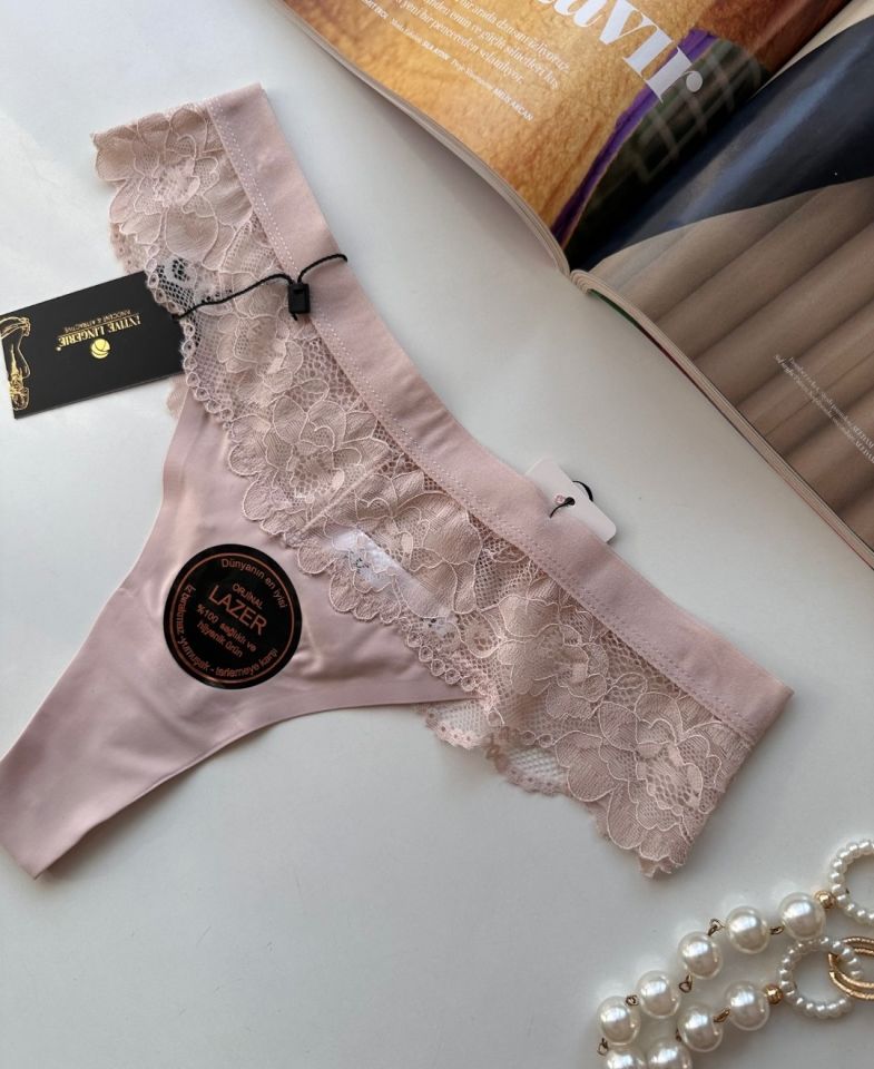 Orijinal Lazer Kesim Üstün Kalite Spandex Invisible Dikişsiz Dantelli Tanga - 2801 Pudra  - L