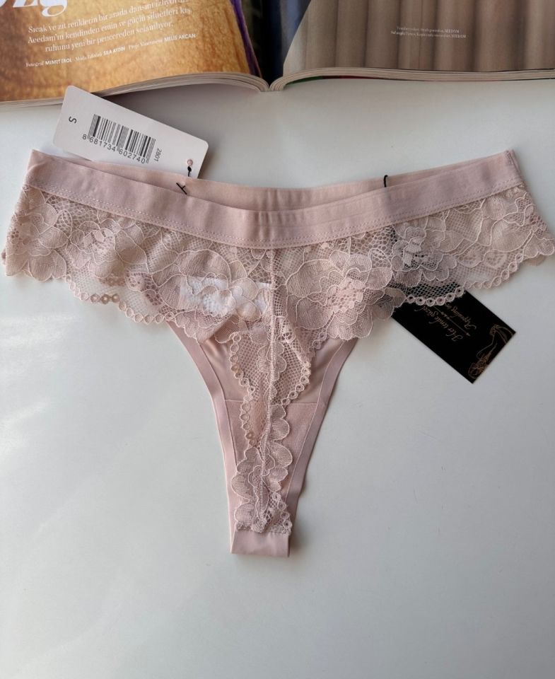 Orijinal Lazer Kesim Üstün Kalite Spandex Invisible Dikişsiz Dantelli Tanga - 2801 Pudra  - L