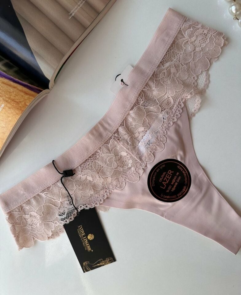 Orijinal Lazer Kesim Üstün Kalite Spandex Invisible Dikişsiz Dantelli Tanga - 2801 Pudra  - M