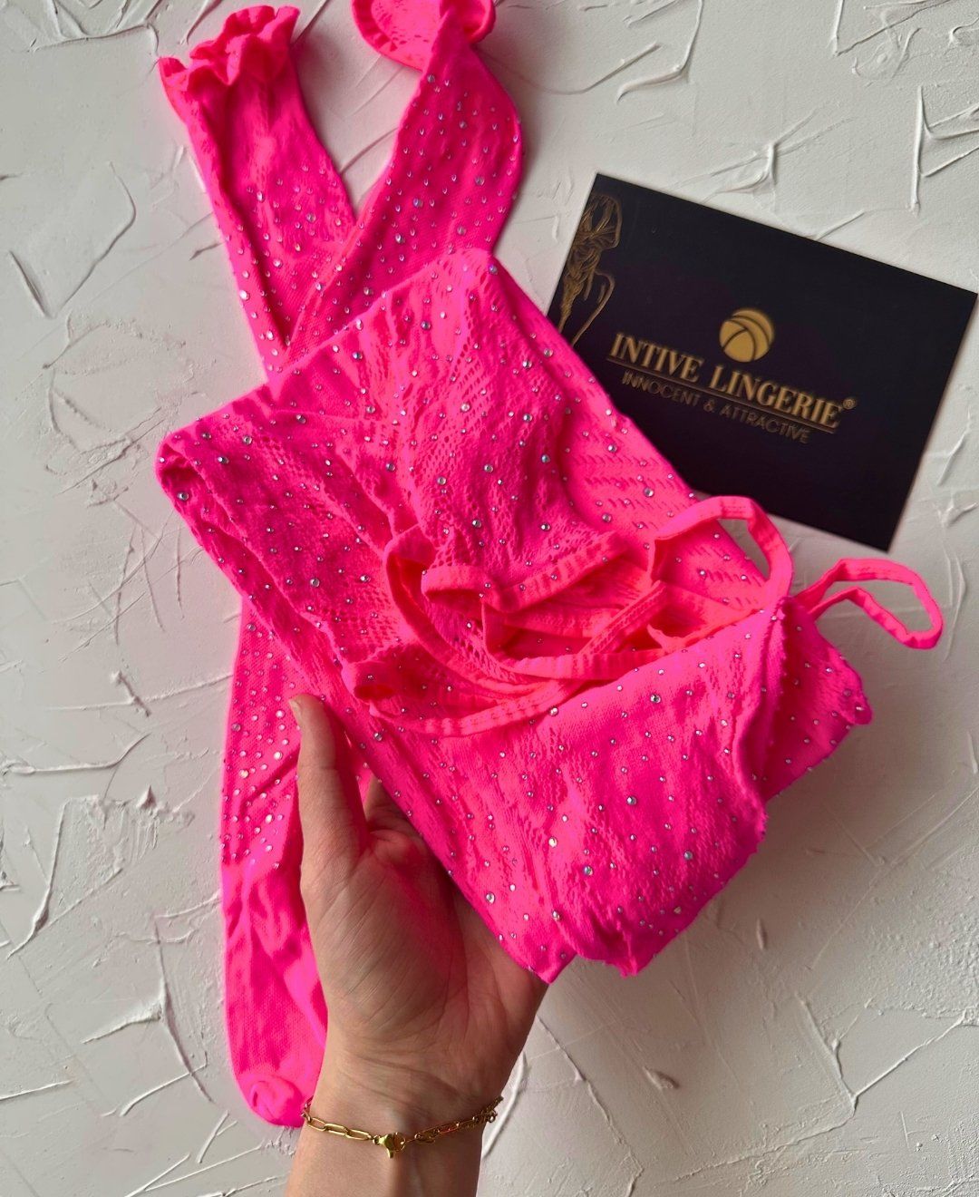 Intive Fuşya/Fosfor Pembe Taşlı İnce Askılı Büstiyer 2'li Çorap Takım