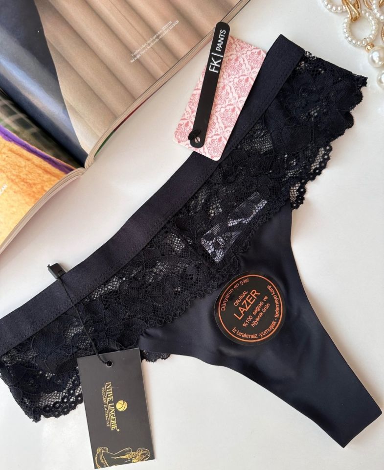 Orijinal Lazer Kesim Üstün Kalite Spandex Invisible Dikişsiz Dantelli Tanga - 2801 Siyah - S