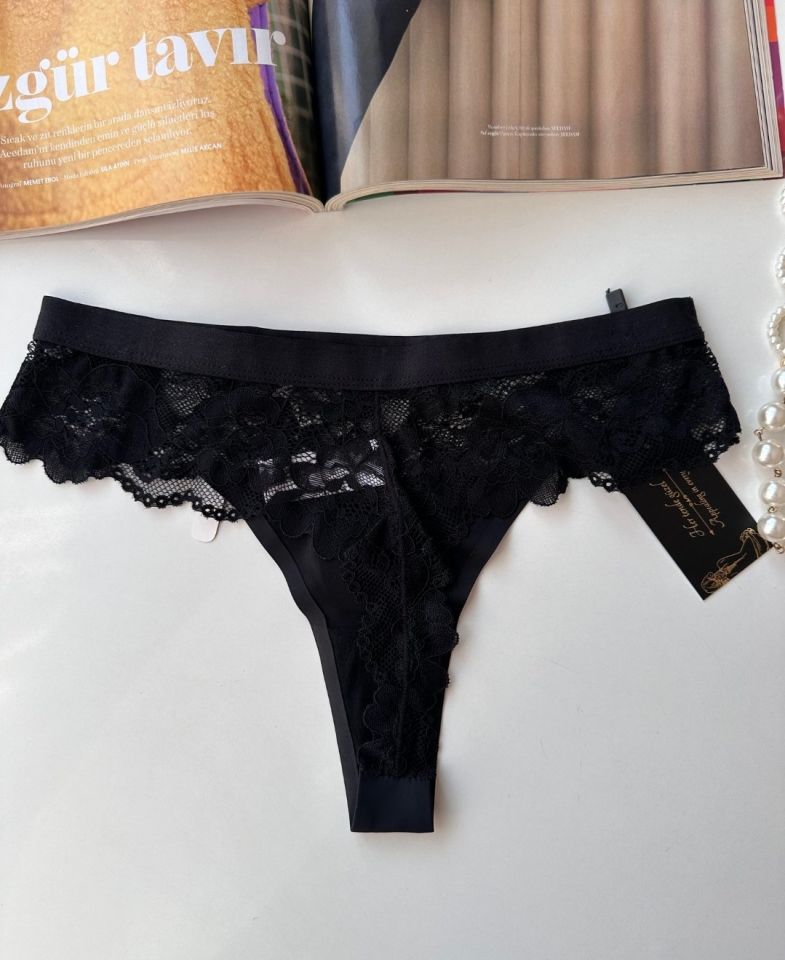 Orijinal Lazer Kesim Üstün Kalite Spandex Invisible Dikişsiz Dantelli Tanga - 2801 Siyah - S