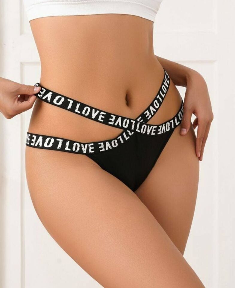 Kadın Pamuklu Love Yazılı Şeritli Yüksek Bel Tanga -1020 Siyah - Tek Ebat