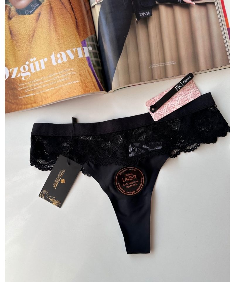Orijinal Lazer Kesim Üstün Kalite Spandex Invisible Dikişsiz Dantelli Tanga - 2801 Siyah - L