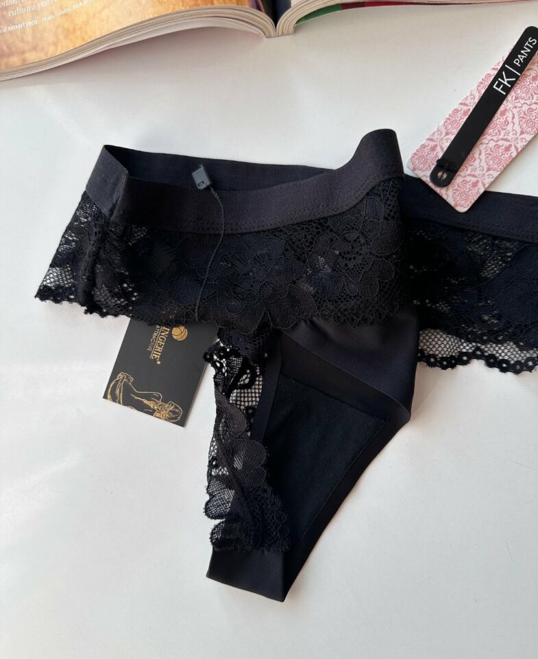 Orijinal Lazer Kesim Üstün Kalite Spandex Invisible Dikişsiz Dantelli Tanga - 2801 Siyah - L