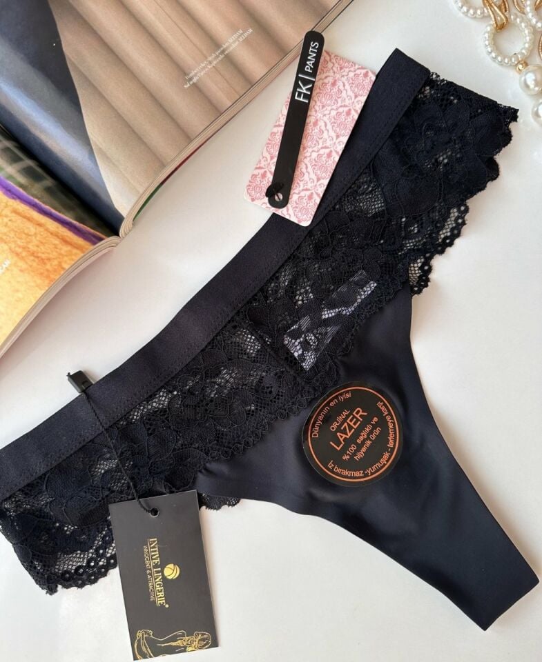 Orijinal Lazer Kesim Üstün Kalite Spandex Invisible Dikişsiz Dantelli Tanga - 2801 Siyah - M
