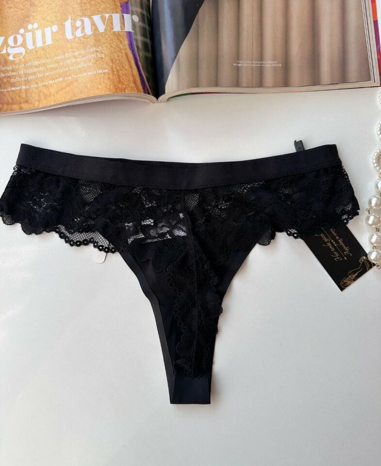 Orijinal Lazer Kesim Üstün Kalite Spandex Invisible Dikişsiz Dantelli Tanga - 2801 Siyah - M