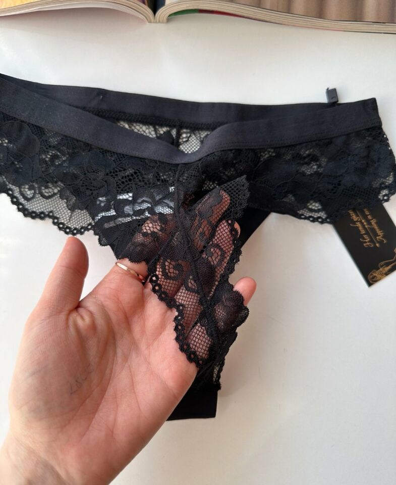 Orijinal Lazer Kesim Üstün Kalite Spandex Invisible Dikişsiz Dantelli Tanga - 2801 Siyah - M