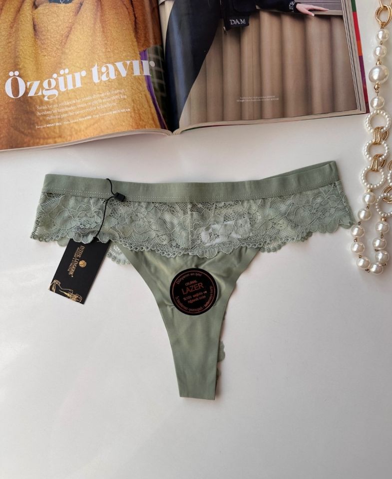 Orijinal Lazer Kesim Üstün Kalite Spandex Invisible Dikişsiz Dantelli Tanga - 2801 Yeşil - M