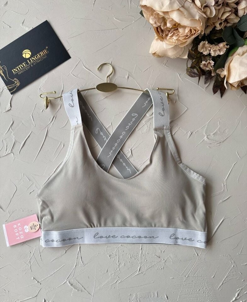 Koza -Love Cocoon- Yazılı Push-up Arkası Çapraz Lastikli Esnek Spor Sütyeni Bej - 80B