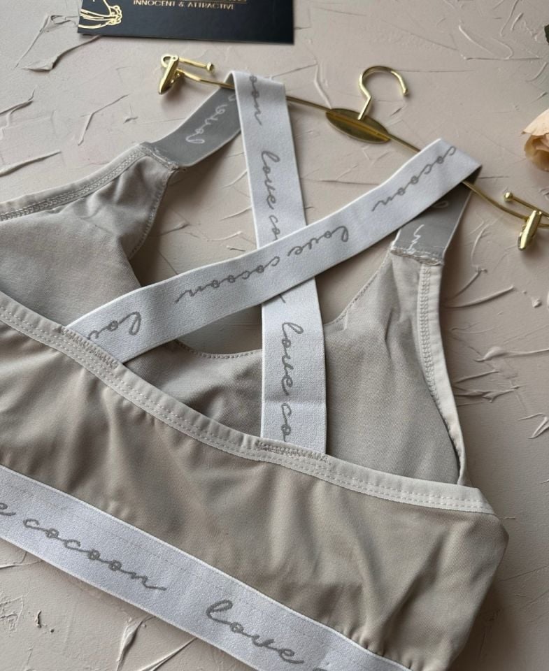 Koza -Love Cocoon- Yazılı Push-up Arkası Çapraz Lastikli Esnek Spor Sütyeni Bej - 85B