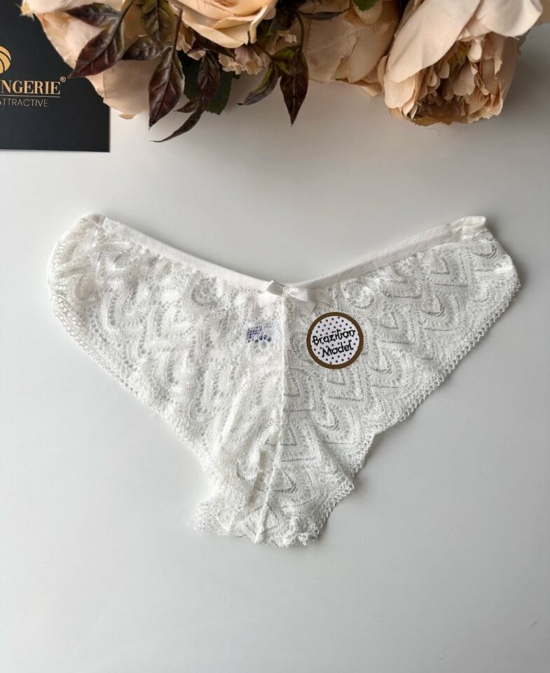 Feel Me Dantelli Ağı Pamuklu Orta Bel Brazilian Külot Beyaz - S