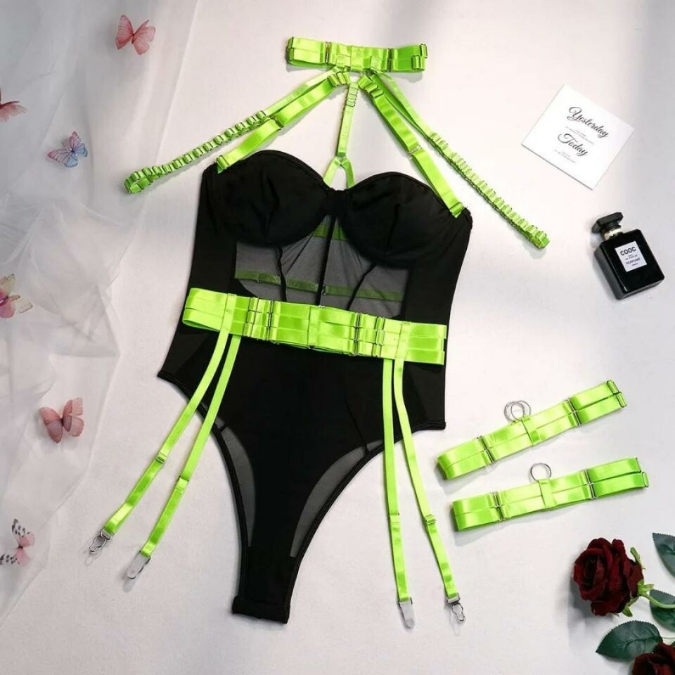Valentina Neon Harness Detaylı Korse Görünümlü Tül Tasarım Bodysuit XL