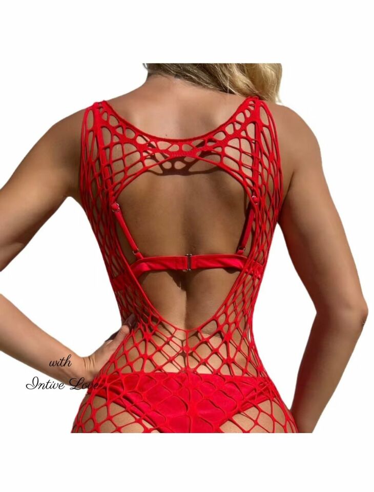 Intive Geniş File Kırmızı Uzun Kollu Mini Çorap Elbise/Babydoll/Pareo Kırmızı - Standart