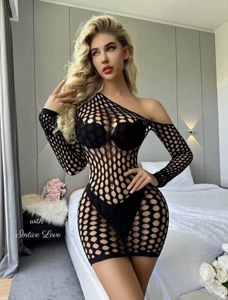 Intive Orta File Tek Omuz Siyah Uzun Kollu Mini Çorap Elbise/Babydoll/Pareo Siyah - Standart
