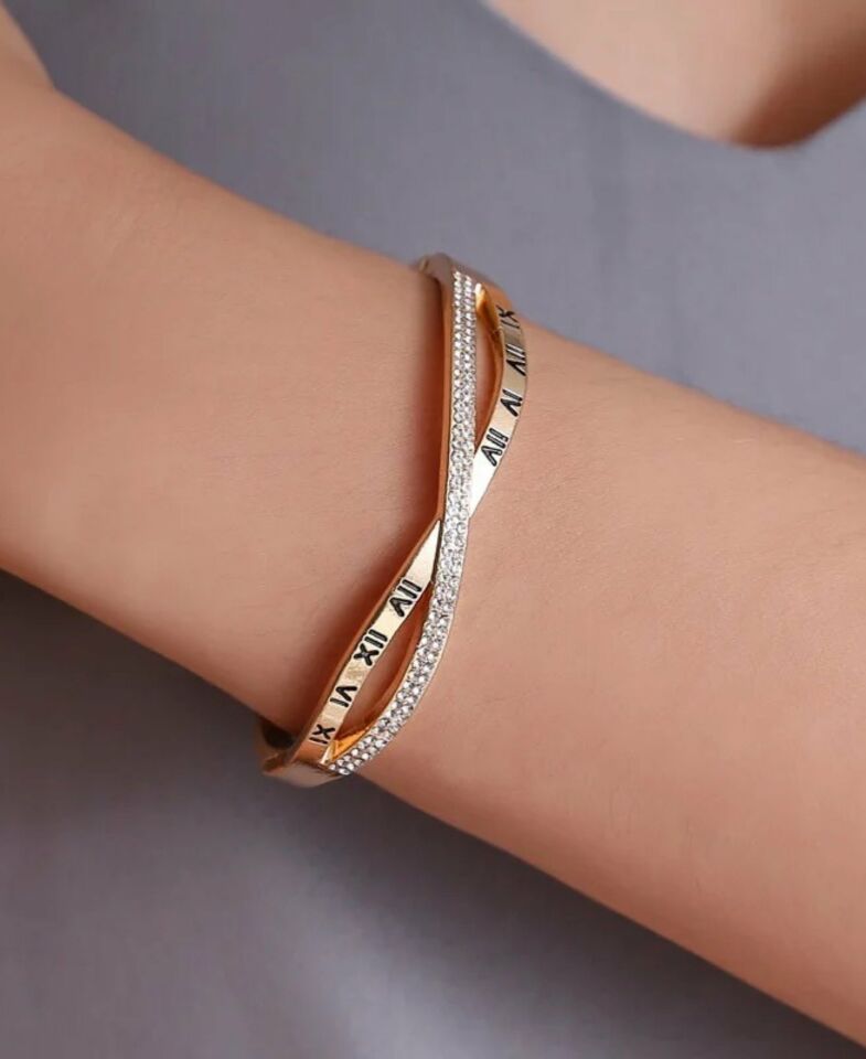 MurayShine Taşlı Romen Rakamlı Modern Çelik Bileklikler Rose Gold