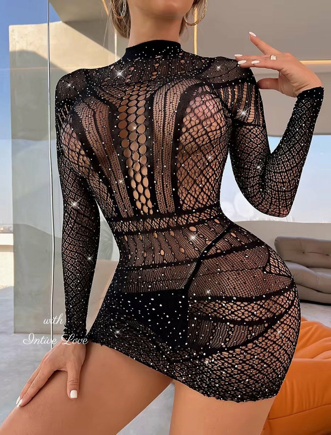 Intive Fileli Uzun Kollu Taşlı Desenli Siyah Transparan Mini Çorap Elbise/Babydoll/Pareo