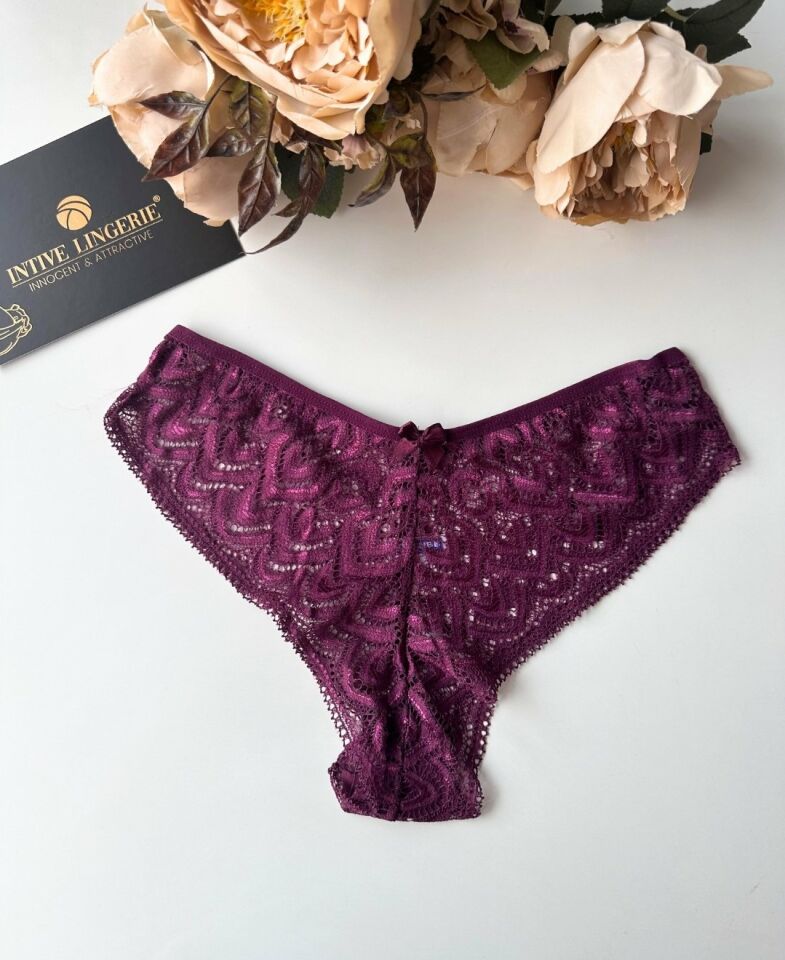 Feel Me Dantelli Ağı Pamuklu Orta Bel Brazilian Külot Mor - XL