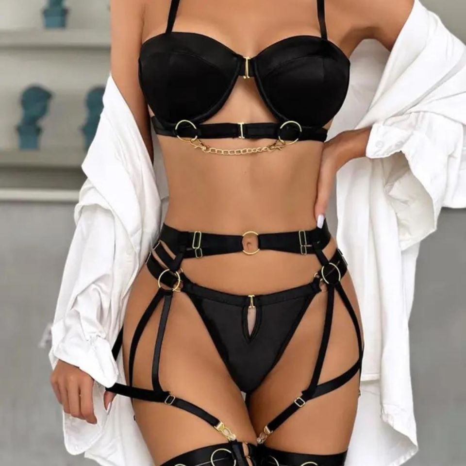 Camila Kadın Tasarım Zincir Harness Detaylı Seksi Jartiyer Takım Siyah - S