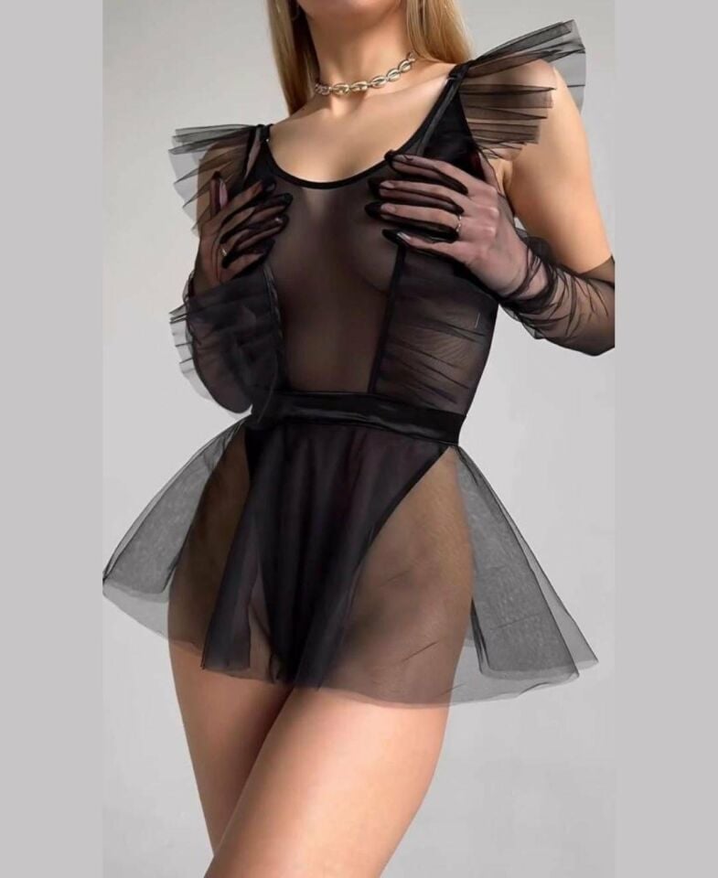 Neomi Transparan Fırfır Askı Detaylı Tül Babydoll/Gecelik Siyah - XL