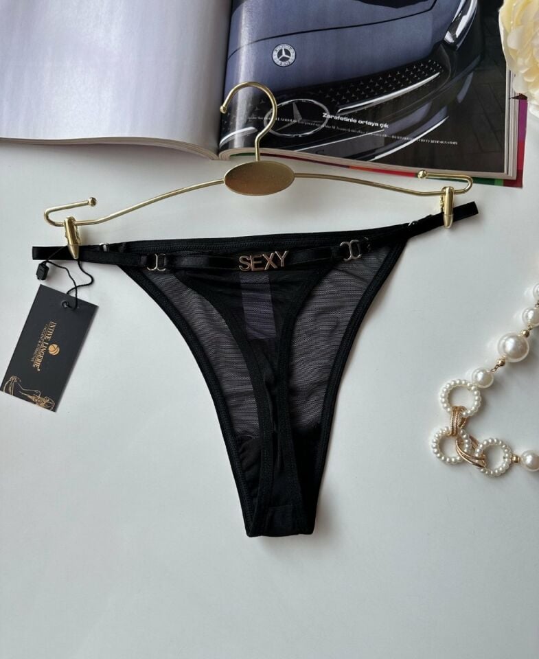 Valerie Siyah Arkası 'Sexy' Yazılı Ağı Pamuklu Fantezi Tül Tanga - Limited Siyah - L/XL