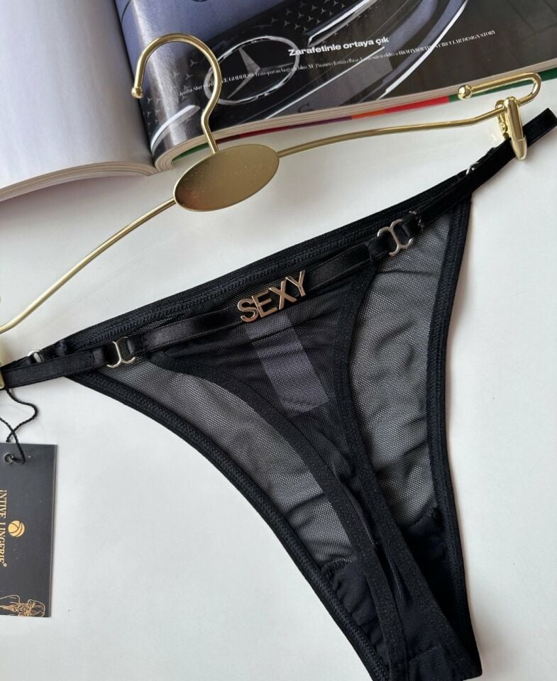Valerie Siyah Arkası 'Sexy' Yazılı Ağı Pamuklu Fantezi Tül Tanga - Limited Siyah - L/XL