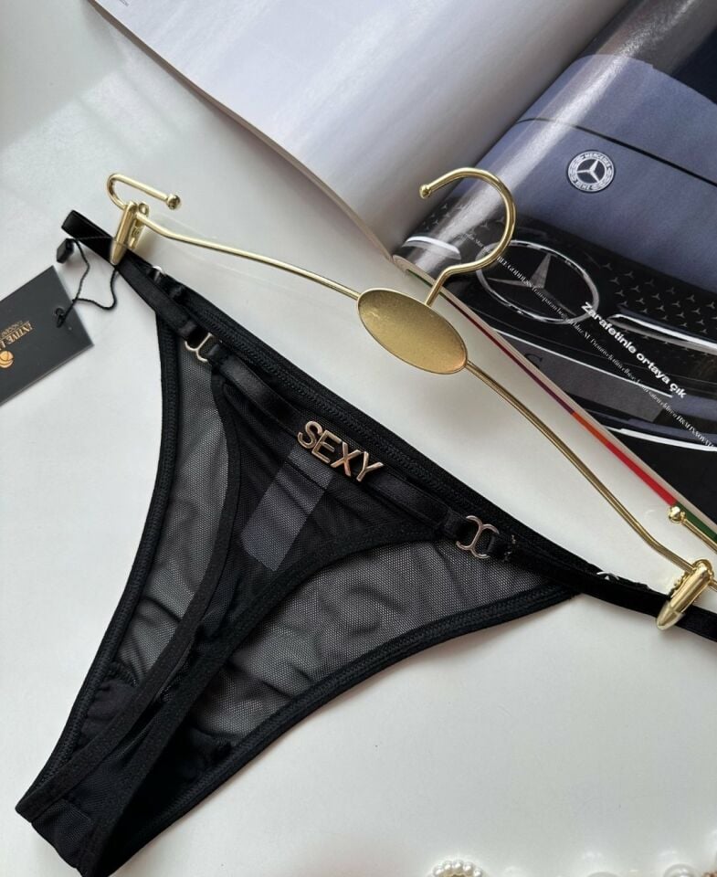 Valerie Siyah Arkası 'Sexy' Yazılı Ağı Pamuklu Fantezi Tül Tanga - Limited Siyah - L/XL