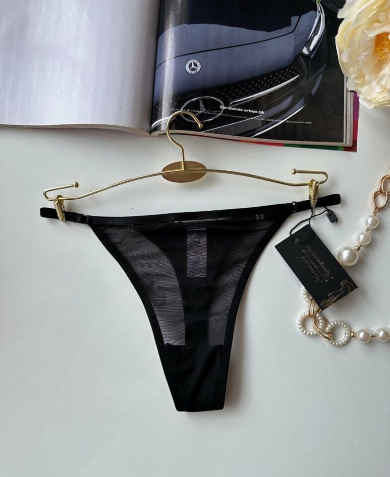 Valerie Siyah Arkası 'Sexy' Yazılı Ağı Pamuklu Fantezi Tül Tanga - Limited Siyah - L/XL