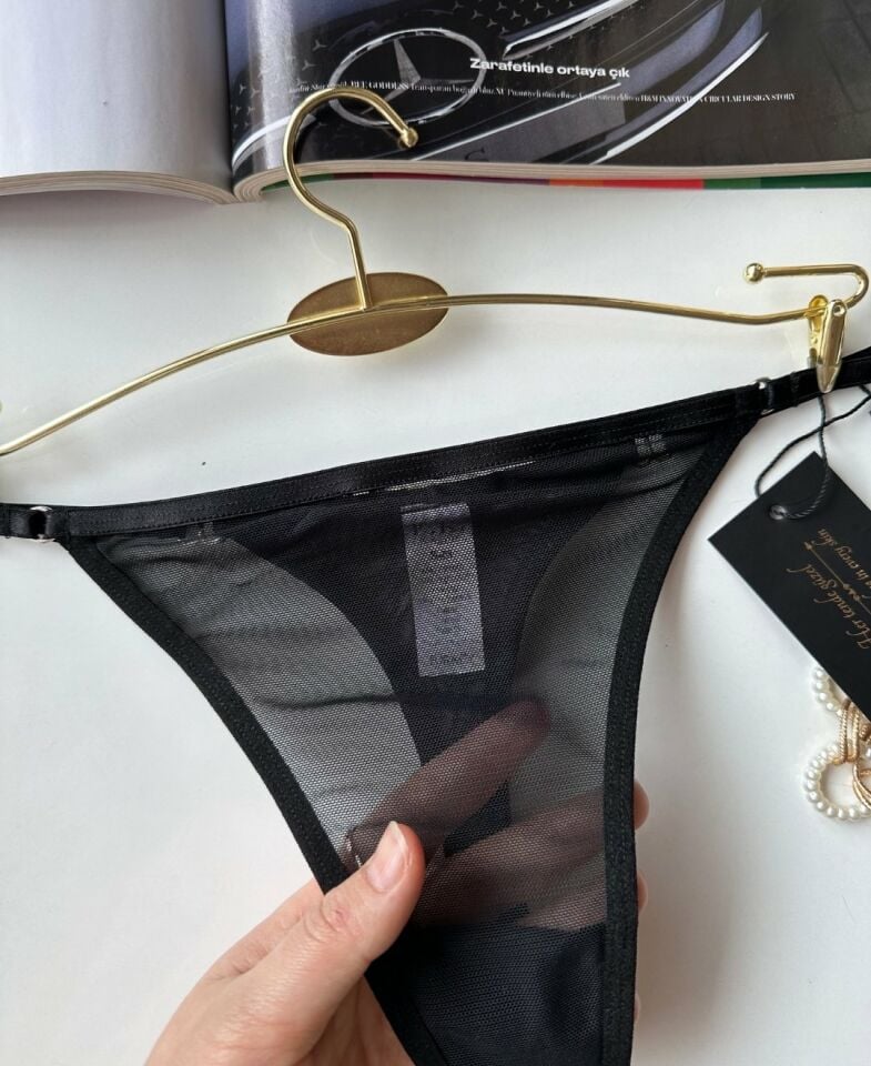 Valerie Siyah Arkası 'Sexy' Yazılı Ağı Pamuklu Fantezi Tül Tanga - Limited Siyah - L/XL