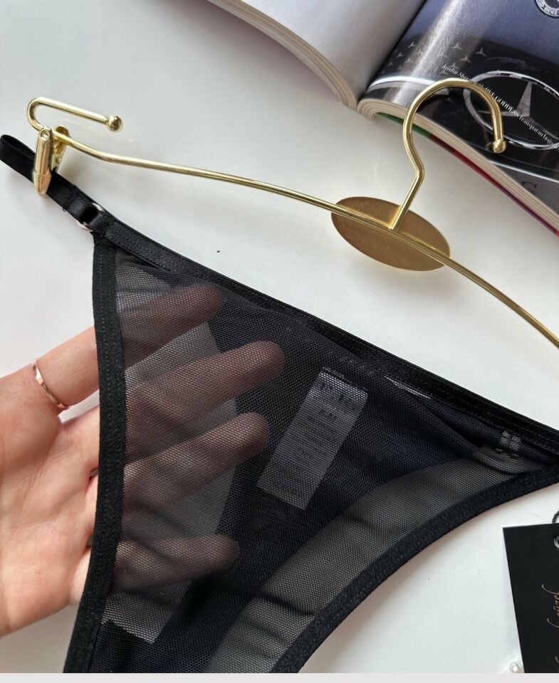 Valerie Siyah Arkası 'Sexy' Yazılı Ağı Pamuklu Fantezi Tül Tanga - Limited Siyah - L/XL