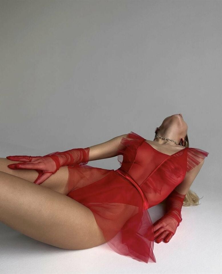 Neomi Transparan Fırfır Askı Detaylı Tül Babydoll/Gecelik Kırmızı - XL