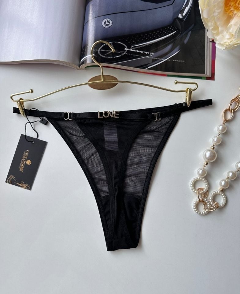 Valerie Siyah Arkası 'LOVE' Yazılı Ağı Pamuklu Fantezi Tül Tanga - Limited Siyah - L/XL