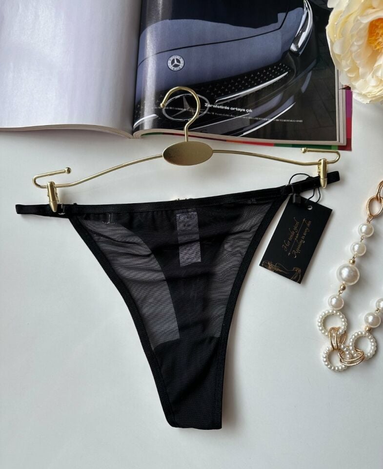 Valerie Siyah Arkası 'LOVE' Yazılı Ağı Pamuklu Fantezi Tül Tanga - Limited Siyah - L/XL