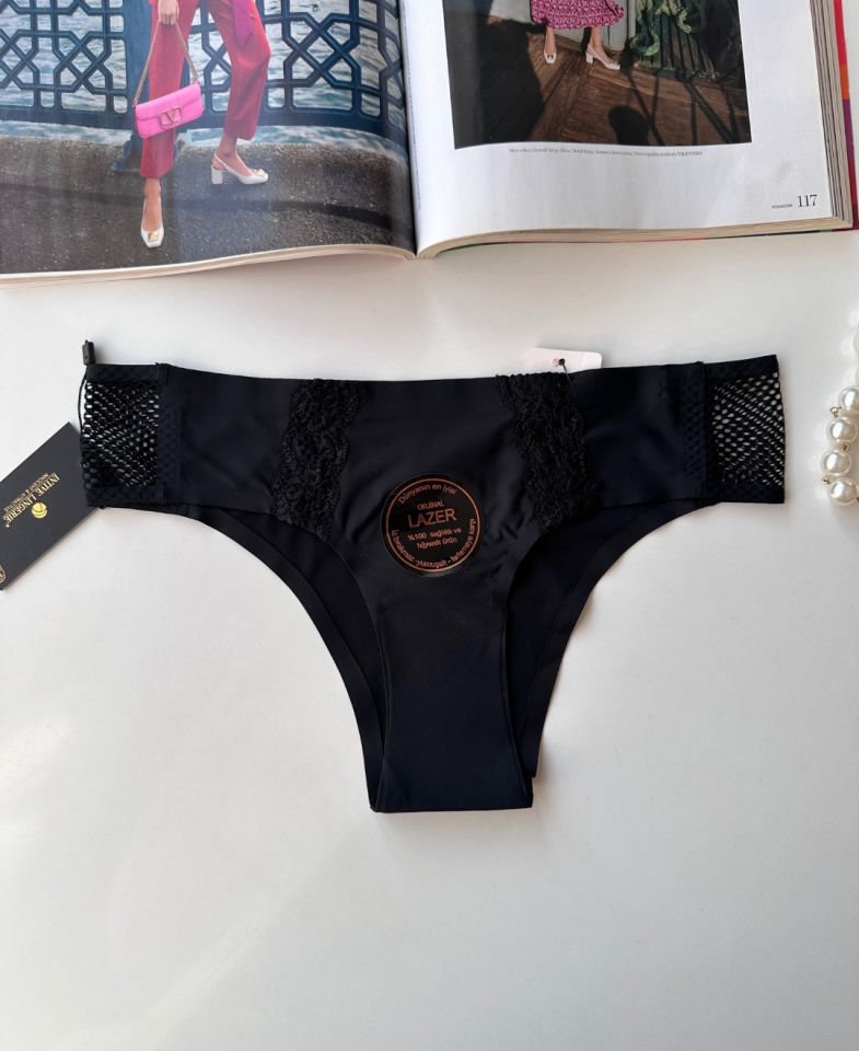 Orijinal Lazer Kesim Üstün Kalite Spandex Invisible Dikişsiz Dantelli Slip- 2804 Siyah - XL