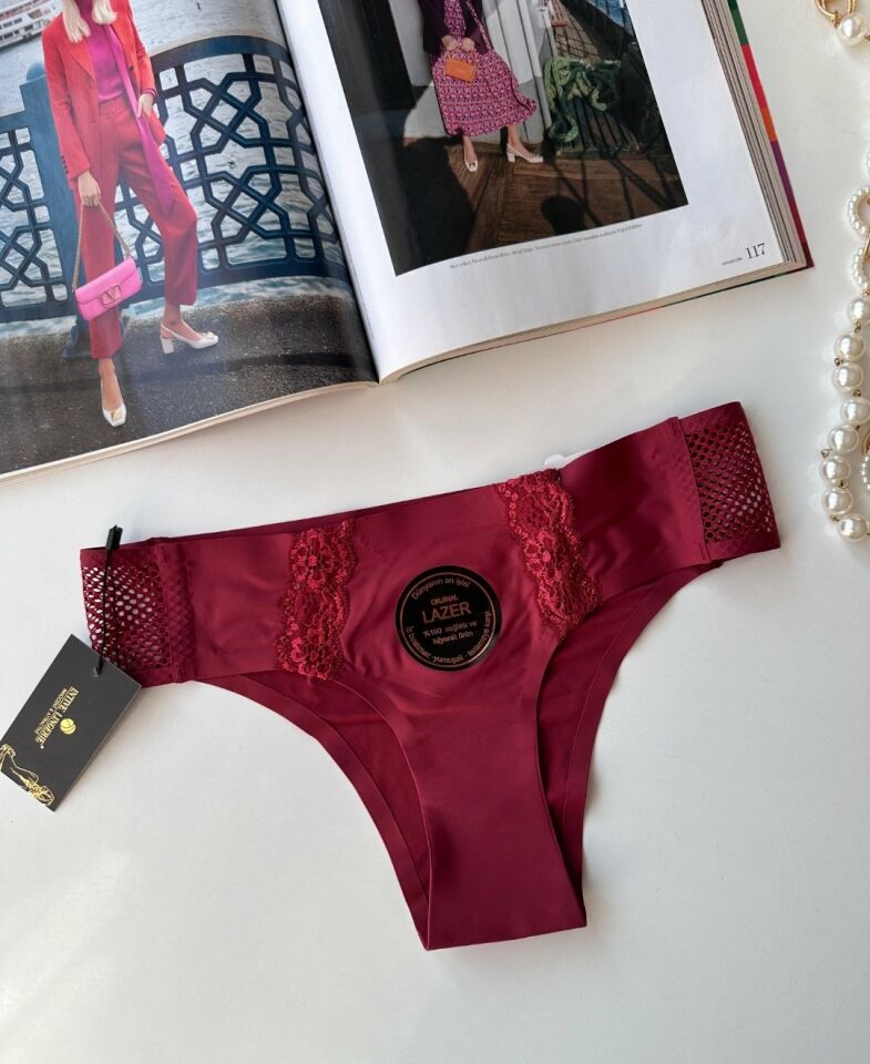 Orijinal Lazer Kesim Üstün Kalite Spandex Invisible Dikişsiz Dantelli Slip- 2804 Bordo - S