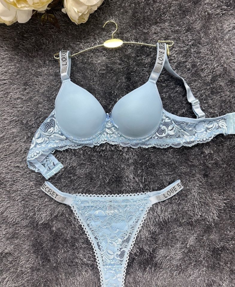 Askıları Parlak Taşlı Dantel Detaylı Push-up Sütyen Takım-315 Mavi - 90B