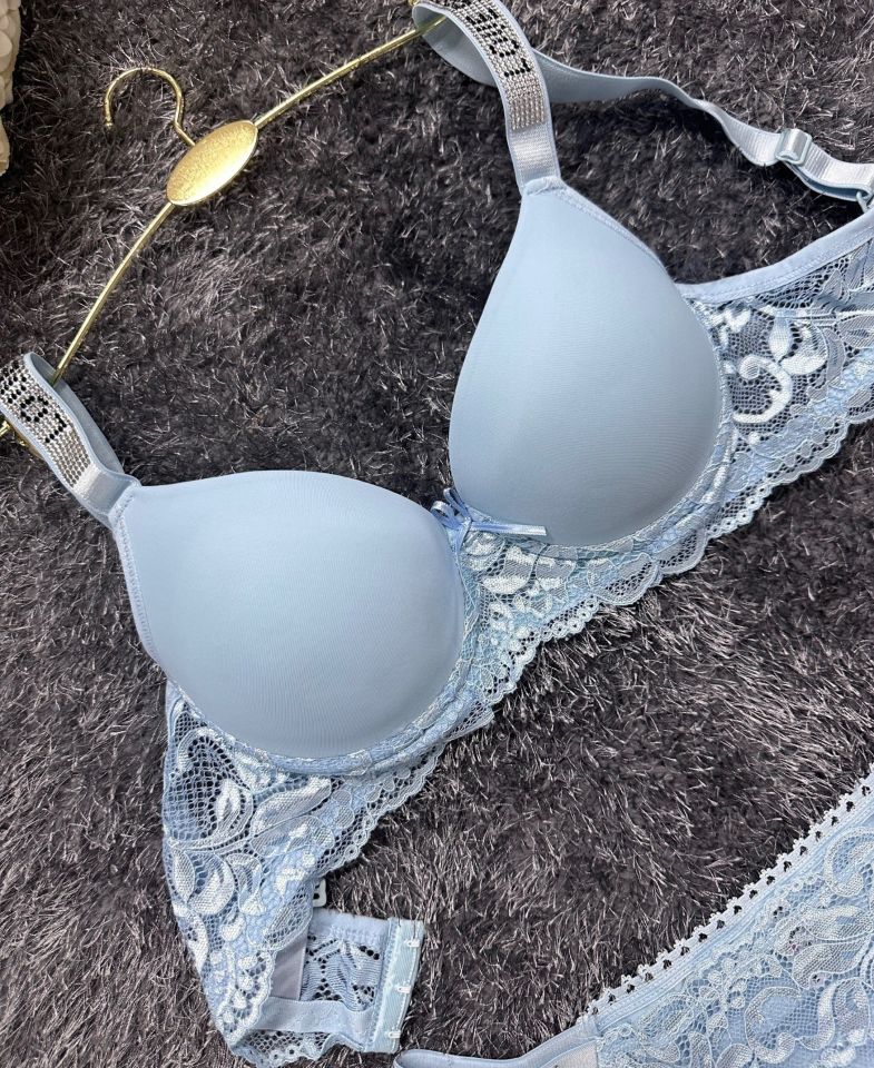 Askıları Parlak Taşlı Dantel Detaylı Push-up Sütyen Takım-315 Mavi - 90B