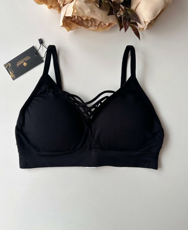 Günlük Kullanım Önü Bağlama Detaylı Padli Yumuşak Bralet Siyah - Tek Ebat
