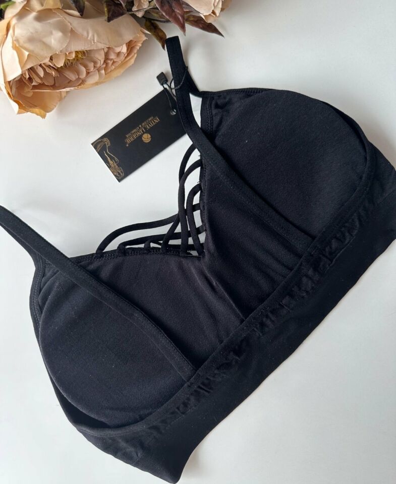 Günlük Kullanım Önü Bağlama Detaylı Padli Yumuşak Bralet Siyah - Tek Ebat