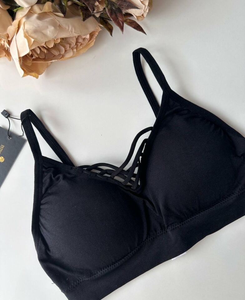 Günlük Kullanım Önü Bağlama Detaylı Padli Yumuşak Bralet Siyah - Tek Ebat