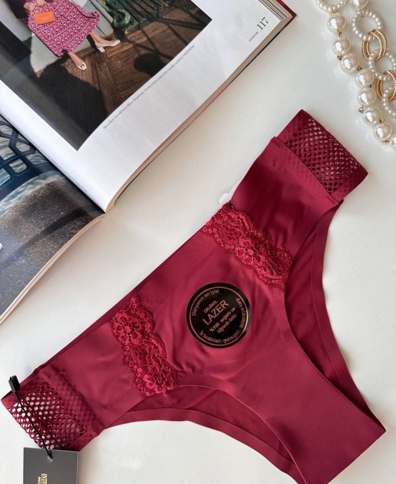 Orijinal Lazer Kesim Üstün Kalite Spandex Invisible Dikişsiz Dantelli Slip- 2804 Bordo - L
