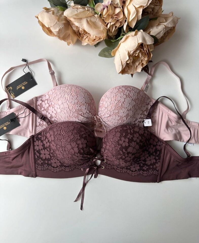 Marissa İthal Dantelli El Cuplı Double Push-up Silikonlu Askılı/Askısız Sütyen Acı Kahve - 75B