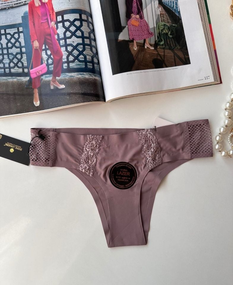 Orijinal Lazer Kesim Üstün Kalite Spandex Invisible Dikişsiz Dantelli Slip- 2804 Gül Kurusu - S
