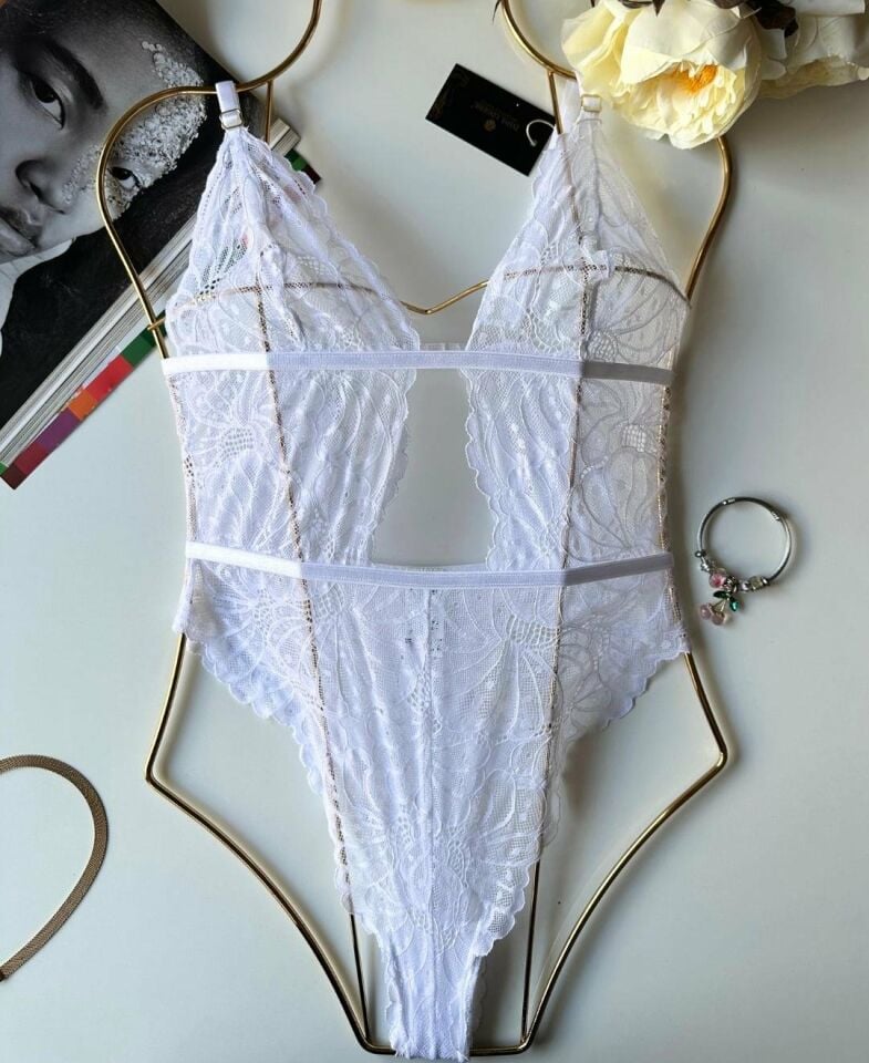 Beyaz Dantelli Dekolte Detaylı Çıtçıtlı Babydoll (Üstün Kalite Kumaş) Beyaz - XL