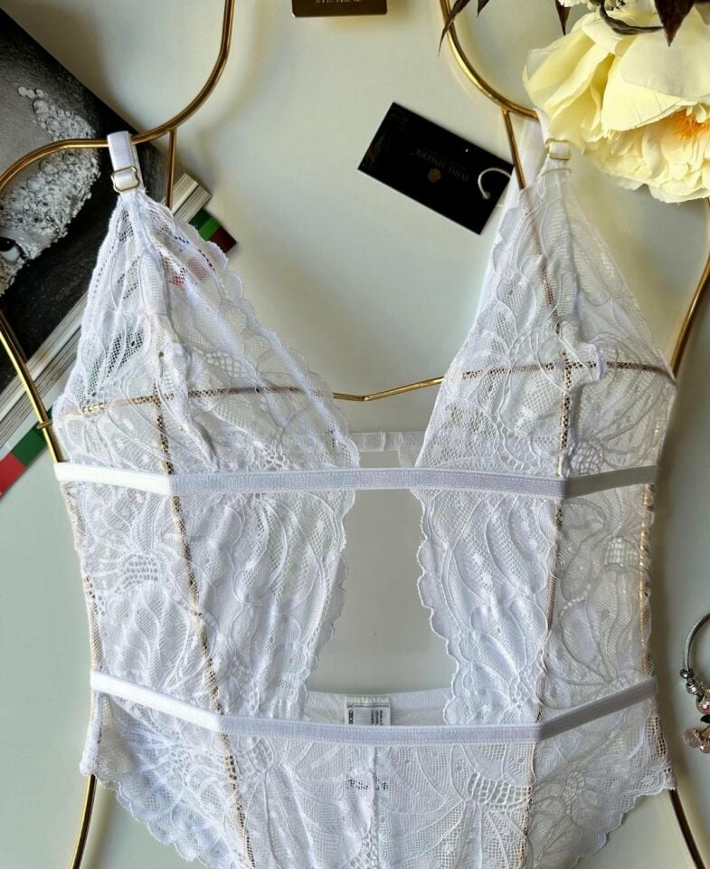 Beyaz Dantelli Dekolte Detaylı Çıtçıtlı Babydoll (Üstün Kalite Kumaş) Beyaz - XL