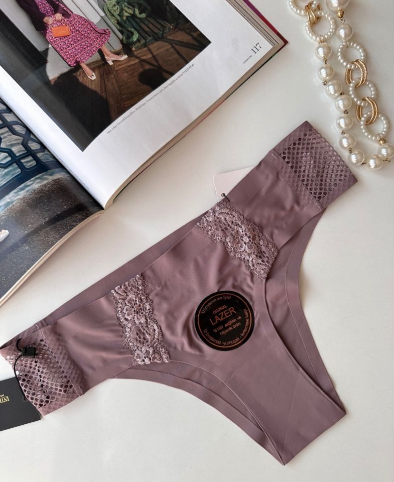 Orijinal Lazer Kesim Üstün Kalite Spandex Invisible Dikişsiz Dantelli Slip- 2804 Gül Kurusu - L