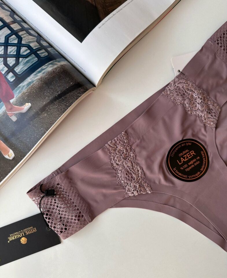 Orijinal Lazer Kesim Üstün Kalite Spandex Invisible Dikişsiz Dantelli Slip- 2804 Gül Kurusu - L